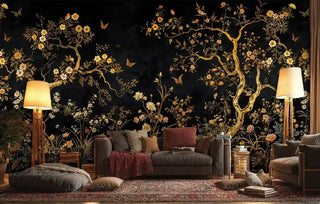 Chinoiserie wall mural featuring golden flowering trees and butterflies on black background in cozy living room