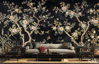 Chinoiserie Wall Mural showing delicate birds among flowering trees, in sophisticated living room with gold accents