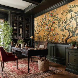 Chinoiserie Wall Mural with birds and flowering branches on golden background, in elegant home office with dark cabinetry