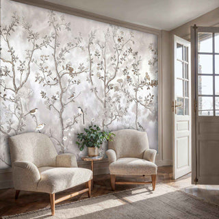 Chinoiserie wall mural with birds on branches in grey and beige, with armchairs and French doors