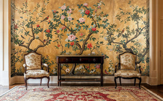 Chinoiserie Wall Mural with flowering trees and songbirds on golden backdrop in formal entryway with antique chairs