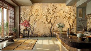Chinoiserie Wall Mural with golden flowering branches in Japanese-style kitchen with tatami flooring