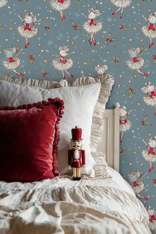 Christmas ballet mouse wallpaper with dancing mice in white tutus on dusty blue, in cozy bedroom with nutcracker