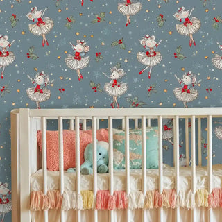 Christmas mouse ballet wallpaper in red and white colors, featured in child's room with wooden rocking horse