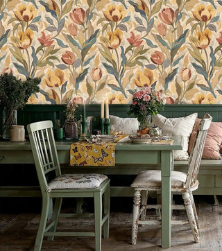 Classic botanical wallpaper featuring coral and yellow blooms in rustic dining area with green table