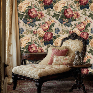 Classic botanical wallpaper with detailed florals in burgundy and navy, displayed in elegant bedroom with ornate chaise lounge