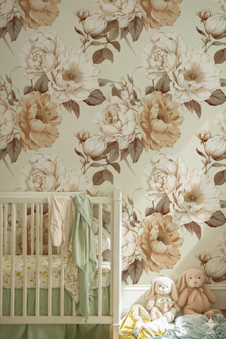 Classic botanical wallpaper with large cream roses and brown leaves, shown in cozy nursery with white crib
