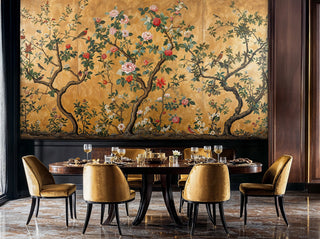 Classic chinoiserie botanical mural with songbirds and blooms featured in formal dining room setting