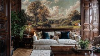 Classic countryside wall mural with meadow scene in elegant study with wood paneling
