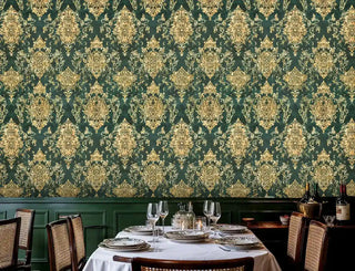 Classic damask wallpaper with golden medallions and flourishes displayed in formal dining room with round table