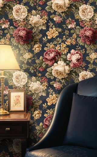 classic floral wallpaper with intricate rose pattern, shown in elegant study with brass lamp and desk