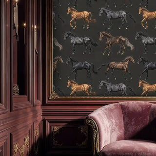 Classic horse wallpaper in black and brown tones, shown in refined living room with ornate gold mirror