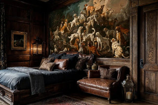 Classic hunting dogs wall mural featuring spotted setters and retrievers in woodland setting, shown in luxury bedroom with leather chair