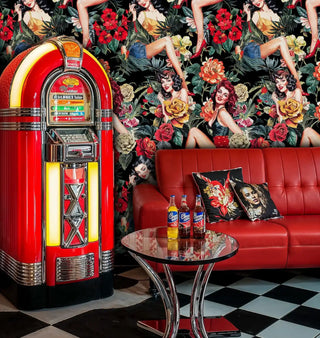 Classic pin-up botanical wallpaper featuring roses and tropical foliage in retro diner setting with red jukebox