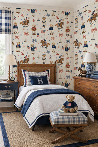 Classic teddy bear wallpaper with baseball and football bears, in a boy bedroom with rattan headboard