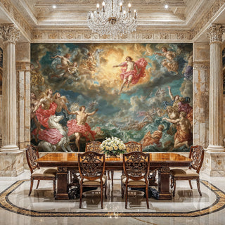 Classical celestial wallpaper featuring mythological figures in vibrant robes, displayed in formal dining room with columns