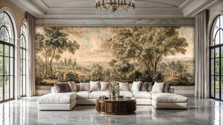 Classical countryside wall mural featuring pastoral scene, shown in luxury living room with crystal chandelier