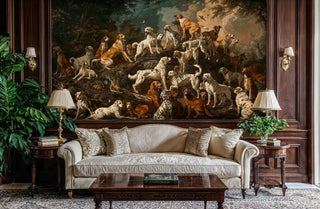 Classical dog portrait wall mural with woodland setting, showcased in refined living room with beige upholstered sofa
