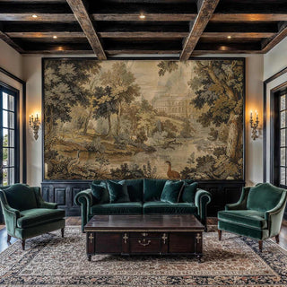 Classical estate landscape wall mural showing palatial views and ancient trees, featured in a rustic living room with exposed ceiling beams