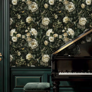 Classical floral wallpaper with cream roses in elegant music room with grand piano