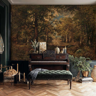 Classical forest wallpaper with oak trees and dappled light, displayed in elegant room with antique piano