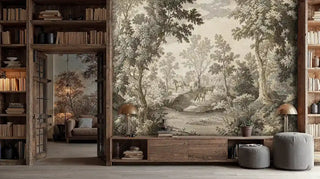 Classical horse engraving wall mural with detailed trees, shown in rustic study with wooden bookshelves
