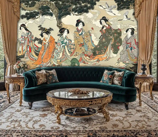 Classical Japanese wall mural with graceful geishas and soaring birds, shown in luxurious room with velvet curved sofa