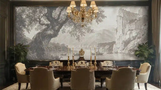 Classical lakeside landscape wall mural featuring ancient tree, mountain cliffs, and sailing boats in formal dining room with chandelier