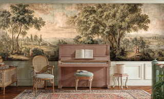 Classical landscape mural in earth tones, showcased in elegant music room with pink piano