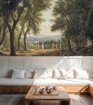 Classical landscape wall mural featuring golden grove scene, shown in serene bedroom with white built-in seating