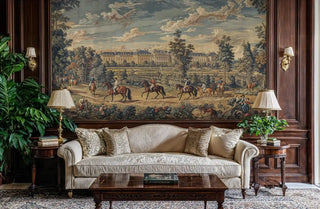 Classical landscape wall mural featuring palace and riders in traditional study with brass lamps