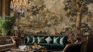 Classical landscape wall mural featuring palatial architecture, woodland trees, and waterway in beige tones, shown in an opulent living room with crystal chandelier
