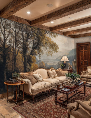 Classical landscape wall mural featuring serene valley with river and autumn foliage, shown in rustic living room with wooden beams
