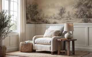 Classical landscape wall mural in beige tones with detailed tree silhouettes, shown in cozy reading nook with armchair