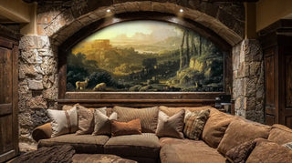 Classical landscape wall mural showing ancient architecture and pastoral scene, featured in rustic stone archway media room