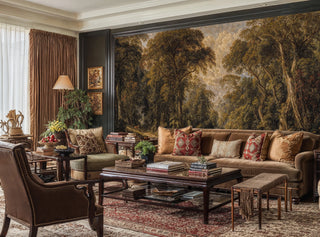 Classical landscape wall mural showing peaceful woodland scene, displayed in traditional living room setting