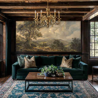 Classical landscape wall mural with ancient trees and hills in earth tones, displayed in rustic living room with chandelier