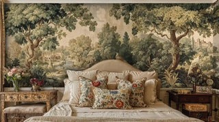 Classical landscape wall mural with ancient trees, birds, and castle, shown in elegant bedroom with floral pillows