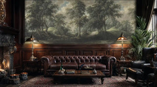 Classical landscape wall mural with forest pathway and ancient oaks, shown in traditional living room with leather sofa