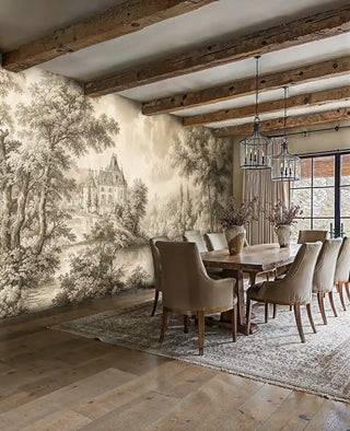 Classical landscape wall mural with French castle and river scene, shown in rustic dining room with exposed beams