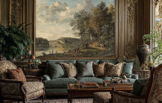 Classical landscape wall mural with riverside scene, castle, and boats in sage greens, shown in ornate living room