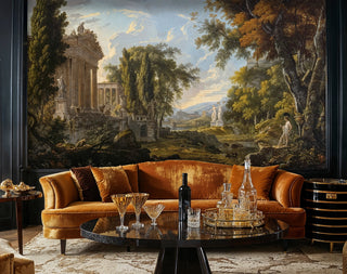 Classical landscape Wall Mural with temple architecture and autumn foliage in luxurious living room