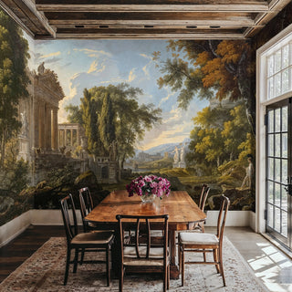 Classical landscape Wall Mural with temple columns and trees displayed in dining room with wooden table