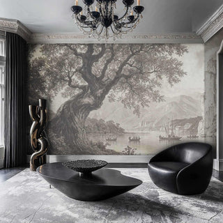 Classical landscape wallpaper featuring gnarled tree and mountain lake in elegant living room with crystal chandelier
