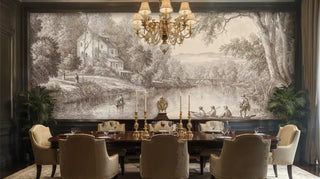 Classical landscape wallpaper featuring riverside manor and boats, displayed in elegant dining room with chandelier