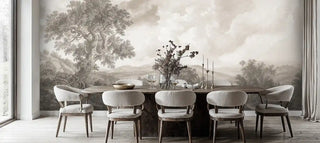Classical landscape wallpaper with atmospheric clouds and rolling terrain displayed in contemporary dining area with modern chairs