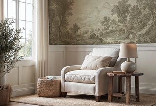 Classical landscape wallpaper with village scenes in beige tones, shown in cozy reading nook with armchair