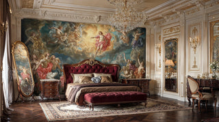 Classical mythology wallpaper featuring divine beings in flowing robes, shown in elegant bedroom with burgundy velvet bed