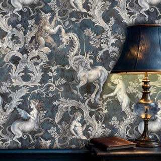 Classical mythology wallpaper with unicorns and baroque scrollwork in navy and silver, styled with brass table lamp