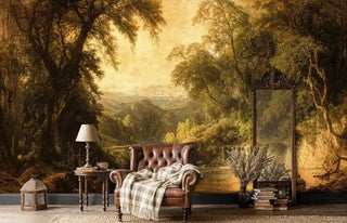 Classical nature wall mural with river scene, displayed in vintage living room with leather armchair